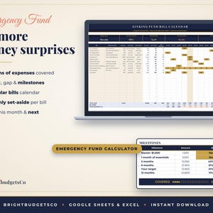 Puede incluir: Una herramienta de planificaci&oacute;n financiera digital mostrada en una pantalla de port&aacute;til y tableta, que incluye un calendario de fondos de amortizaci&oacute;n y una calculadora de fondos de emergencia. La interfaz muestra columnas para hitos, importes y estado, con el texto Emergency Fund, No more money surprises y BrightbudgetsCo.