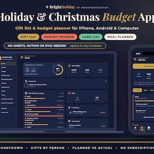 May include: A digital Holiday & Christmas Budget App displayed on a laptop and smartphone screen. The interface features a gift list, budget tracker, card list, and meal planner with dark mode aesthetics and organized data dashboards.