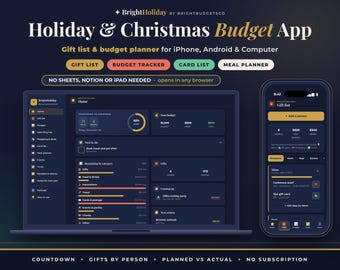 Peut inclure: Une application numérique de budget pour les fêtes et Noël affichée sur un écran d'ordinateur portable et de smartphone. L'interface comprend une liste de cadeaux, un suivi budgétaire, une liste de cartes et un planificateur de repas.