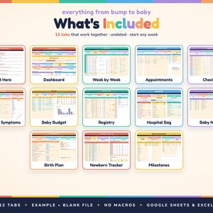 May include: A digital pregnancy planner template featuring thirteen tabs including Start Here, Dashboard, Week by Week, Appointments, Checklist, Weight & Symptoms, Baby Budget, Registry, Hospital Bag, Baby Names, Birth Plan, Newborn Tracker, and Milestones.