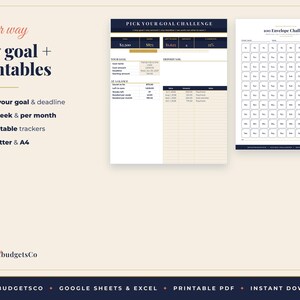 May include: A digital financial planning set featuring a Pick Your Goal Challenge tracker with columns for goal details and a deposit log, alongside a 100 Envelope Challenge sheet with a grid of numbered squares for savings tracking.