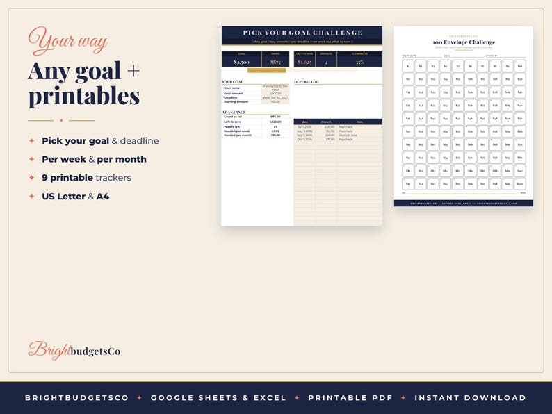 May include: A digital financial planning set featuring a Pick Your Goal Challenge tracker with columns for goal details and a deposit log, alongside a 100 Envelope Challenge sheet with a grid of numbered squares for savings tracking.