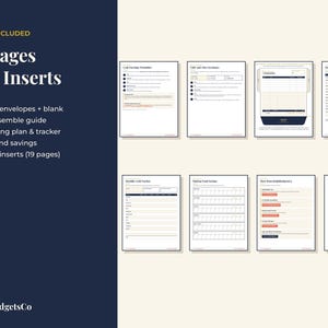 May include: A digital set of 20 pages and A6 inserts for cash budgeting, including 12 labeled envelopes, a how-to guide, cash stuffing plan, tracker, and sinking fund savings sheets. The text reads: WHAT'S INCLUDED 20 Pages + A6 Inserts BrightbudgetsCo.