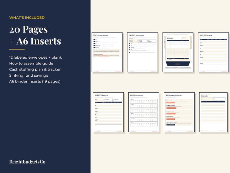 May include: A digital set of 20 pages and A6 inserts for cash budgeting, including 12 labeled envelopes, a how-to guide, cash stuffing plan, tracker, and sinking fund savings sheets. The text reads: WHAT'S INCLUDED 20 Pages + A6 Inserts BrightbudgetsCo.