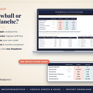 May include: A digital spreadsheet interface titled Snowball vs Avalanche displayed on a laptop screen and a smaller window, comparing debt repayment strategies with tables, columns for minimums, snowball, avalanche, and custom order methods.