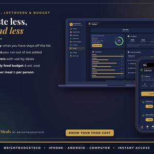 May include: A digital interface display showing the BrightMeals app on a laptop and smartphone. The dark-themed dashboard features text including Pantry, Leftovers & Budget, Waste less, spend less, and various food cost tracking metrics.