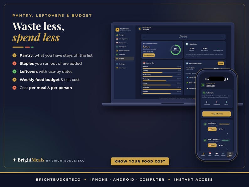 May include: A digital interface display showing the BrightMeals app on a laptop and smartphone. The dark-themed dashboard features text including Pantry, Leftovers & Budget, Waste less, spend less, and various food cost tracking metrics.