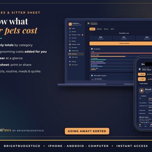 May include: A digital pet expense and sitter sheet tracker displayed on a laptop and smartphone. The interface features dark blue backgrounds with orange and white text, including the title Expenses & Sitter Sheet: Know what your pets cost.