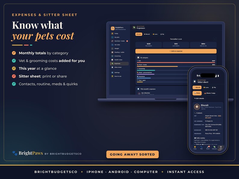 May include: A digital pet expense and sitter sheet tracker displayed on a laptop and smartphone. The interface features dark blue backgrounds with orange and white text, including the title Expenses & Sitter Sheet: Know what your pets cost.