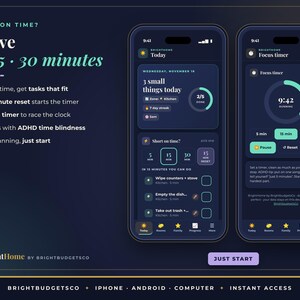 K&ouml;nnte beinhalten: Zwei Smartphones zeigen die Benutzeroberfl&auml;che der BrightHome-App auf dunklem Hintergrund. Die Bildschirme zeigen Aufgabenlisten, einen Fokus-Timer und Text, einschlie&szlig;lich Short on time? I have 5, 15, 30 minutes und Funktionen f&uuml;r ADHD.