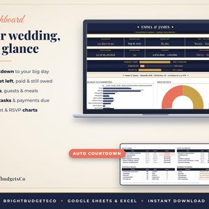 K&ouml;nnte beinhalten: Ein digitales Hochzeitsplanungs-Dashboard auf einem Laptop-Bildschirm und einem zweiten Fenster, mit Texten wie Dashboard, Your wedding, at a glance, Emma & James und Auto Countdown sowie verschiedenen Budget-, RSVP- und Aufgaben-Diagrammen.