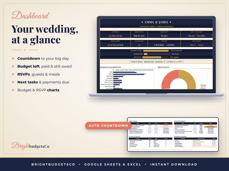K&ouml;nnte beinhalten: Ein digitales Hochzeitsplanungs-Dashboard auf einem Laptop-Bildschirm und einem zweiten Fenster, mit Texten wie Dashboard, Your wedding, at a glance, Emma & James und Auto Countdown sowie verschiedenen Budget-, RSVP- und Aufgaben-Diagrammen.