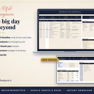 K&ouml;nnte beinhalten: Eine digitale Hochzeits- und Flitterwochen-Planervorlage auf einem Laptop- und Tablet-Bildschirm. Die Benutzeroberfl&auml;che enth&auml;lt einen Zeitplan f&uuml;r den Hochzeitstag, wichtige Kontakte, ein Notfallset sowie ein Reisebudget.
