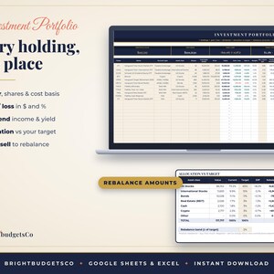 May include: A digital investment portfolio tracker for Google Sheets and Excel. The display shows a laptop screen with a detailed financial table and a smaller tablet screen showing allocation vs target data. Text includes Investment Portfolio, Every holding, one place, and Rebalance Amounts.