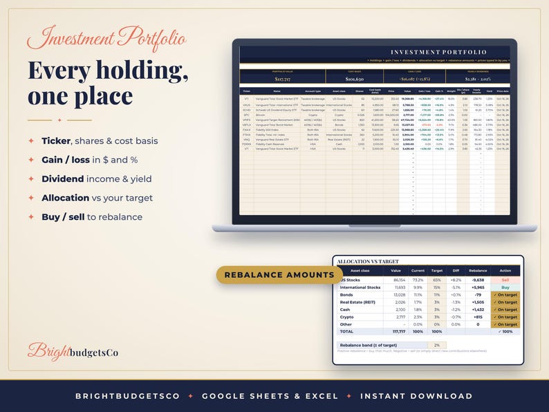 May include: A digital investment portfolio tracker for Google Sheets and Excel. The display shows a laptop screen with a detailed financial table and a smaller tablet screen showing allocation vs target data. Text includes Investment Portfolio, Every holding, one place, and Rebalance Amounts.