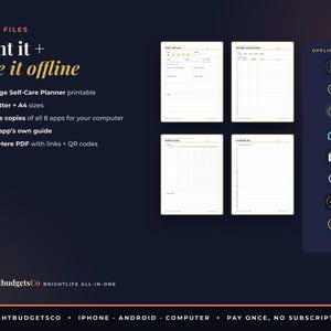 May include: A digital self-care planner set featuring four white printable pages with black text, including a daily self-care sheet, monthly mood tracker, habit tracker, and gratitude log, alongside a vertical column of eight app icons.