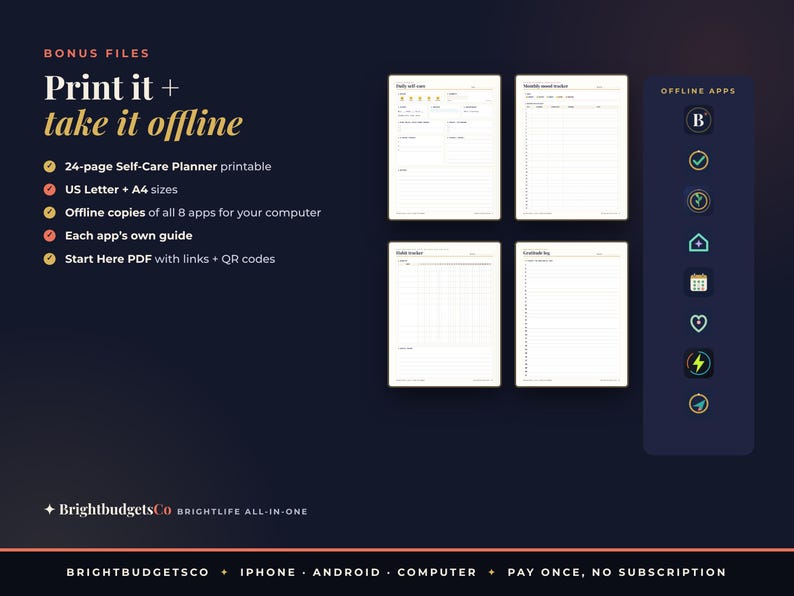 May include: A digital self-care planner set featuring four white printable pages with black text, including a daily self-care sheet, monthly mood tracker, habit tracker, and gratitude log, alongside a vertical column of eight app icons.