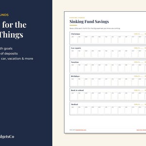 May include: A white paper financial tracker titled Sinking Fund Savings with six rows for categories including Christmas, Car repairs, Vacation, Birthdays, Back to school, and Medical. Each row features twelve monthly columns and goal fields.