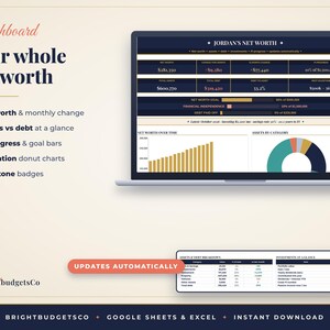 May include: A digital financial dashboard displayed on a laptop screen titled Jordan's Net Worth, featuring data tables, progress bars, a bar chart, and a donut chart. Text includes Your whole net worth, Updates automatically, and BrightbudgetsCo.