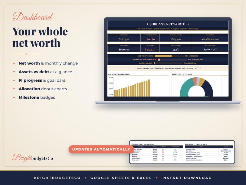 May include: A digital financial dashboard displayed on a laptop screen titled Jordan's Net Worth, featuring data tables, progress bars, a bar chart, and a donut chart. Text includes Your whole net worth, Updates automatically, and BrightbudgetsCo.