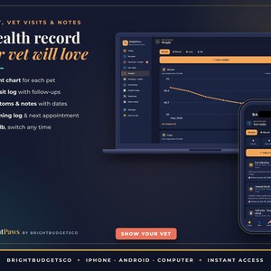 May include: A digital pet health record interface displayed on a laptop and smartphone. The screen shows weight charts, vet visit logs, symptoms, and grooming notes. Text includes Weight, Vet Visits & Notes, A health record your vet will love, and BrightPaws by BrightBudgetsCo.