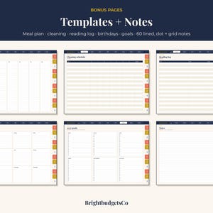 Puede incluir: P&aacute;ginas de planificador digital tituladas Templates + Notes con secciones para plan de comidas, limpieza, registro de lectura, cumplea&ntilde;os, metas y 60 notas rayadas, punteadas y cuadriculadas. Seis plantillas blancas con encabezados azul oscuro y pesta&ntilde;as laterales coloridas.