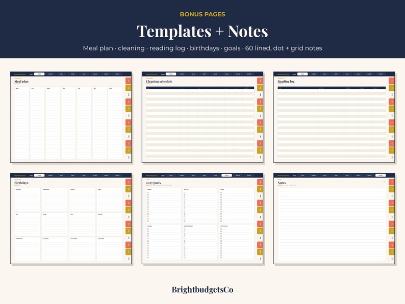 Puede incluir: P&aacute;ginas de planificador digital tituladas Templates + Notes con secciones para plan de comidas, limpieza, registro de lectura, cumplea&ntilde;os, metas y 60 notas rayadas, punteadas y cuadriculadas. Seis plantillas blancas con encabezados azul oscuro y pesta&ntilde;as laterales coloridas.
