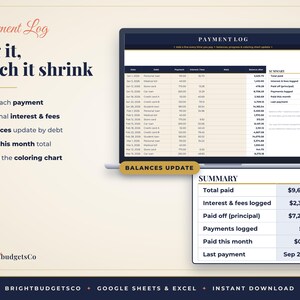 May include: A digital payment log spreadsheet displayed on a laptop screen, featuring columns for date, debt, payment, interest, and balance. A summary table shows total paid, interest, and principal. Text includes Payment Log, Log it, watch it shrink.