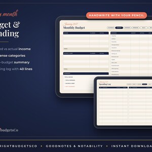 May include: A digital monthly budget and spending planner displayed on two tablet screens. The interface features tables for income, 16 expense categories, and a 40-line spending log. Text includes Every month Budget & spending, Handwrite with your pencil, and BrightbudgetsCo.