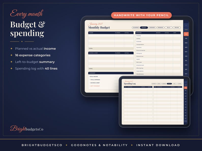 May include: A digital monthly budget and spending planner displayed on two tablet screens. The interface features tables for income, 16 expense categories, and a 40-line spending log. Text includes Every month Budget & spending, Handwrite with your pencil, and BrightbudgetsCo.