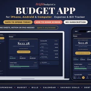 May include: A digital budget app interface displayed on a laptop and smartphone. The dark-themed dashboard shows financial data including safe to spend amounts, upcoming bills, and budget progress. Text includes BrightbudgetsCo, BUDGET APP, and features like No Subscription and Safe to Spend Today.