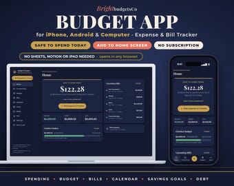 Peut inclure: Une interface d'application de budget numérique affichée sur un ordinateur portable et un smartphone. Le tableau de bord sombre présente des données financières, notamment les montants disponibles, les factures à venir et le suivi du budget. Le texte inclut BrightbudgetsCo, BUDGET APP et des mentions comme No Subscription et Safe to Spend Today.