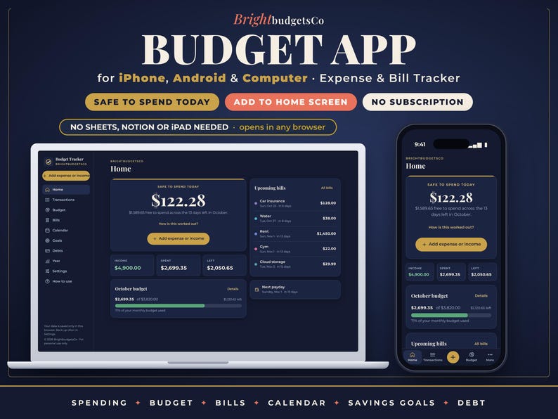 May include: A digital budget app interface displayed on a laptop and smartphone. The dark-themed dashboard shows financial data including safe to spend amounts, upcoming bills, and budget progress. Text includes BrightbudgetsCo, BUDGET APP, and features like No Subscription and Safe to Spend Today.