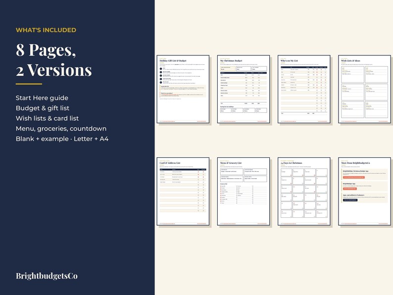 May include: A digital planner set featuring 8 pages in 2 versions, including a Start Here guide, budget and gift lists, wish lists, card lists, menu, groceries, and countdown. The text includes What's Included, 8 Pages, 2 Versions, and BrightbudgetsCo.