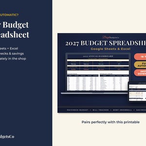Puede incluir: Una plantilla digital de hoja de c&aacute;lculo de presupuesto 2027 para Google Sheets y Excel. La pantalla muestra un panel anual, 18 pesta&ntilde;as y funciones automatizadas. El texto incluye 2027 Budget Spreadsheet, Google Sheets & Excel, 18 Tabs, Fully Automated, Instant Download, Paycheck Budget, Bill Tracker, Debt Snowball y Savings Goals.