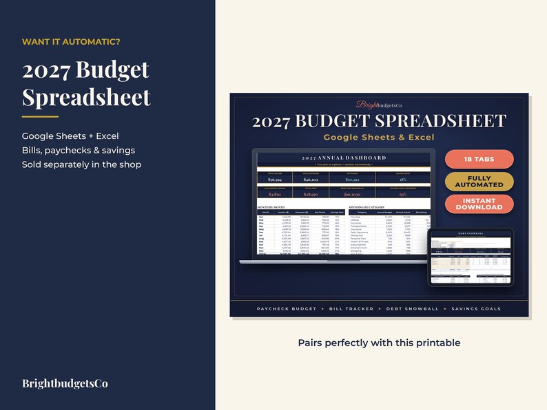 Puede incluir: Una plantilla digital de hoja de c&aacute;lculo de presupuesto 2027 para Google Sheets y Excel. La pantalla muestra un panel anual, 18 pesta&ntilde;as y funciones automatizadas. El texto incluye 2027 Budget Spreadsheet, Google Sheets & Excel, 18 Tabs, Fully Automated, Instant Download, Paycheck Budget, Bill Tracker, Debt Snowball y Savings Goals.
