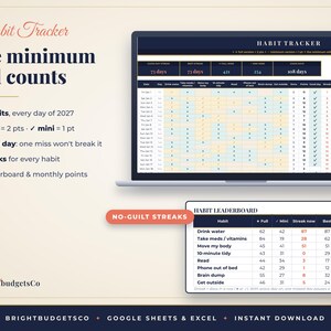 May include: A digital habit tracker template for Google Sheets and Excel displayed on a laptop screen. The interface features a grid for tracking eight daily habits for 2027, a point system, and a leaderboard. Text includes Habit Tracker, The minimum still counts, and No-Guilt Streaks.