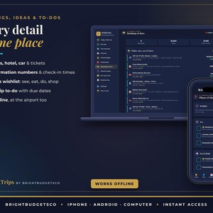 K&ouml;nnte beinhalten: Eine dunkelblaue digitale Benutzeroberfl&auml;che auf einem Laptop- und Smartphone-Bildschirm mit dem Text Bookings, Ideas & To-Dos, Every detail in one place und BrightTrips by BrightBudgetsCo. Das Layout enth&auml;lt Listen f&uuml;r Fl&uuml;ge, Hotels und Reisepl&auml;ne.