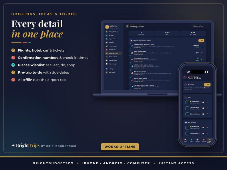 K&ouml;nnte beinhalten: Eine dunkelblaue digitale Benutzeroberfl&auml;che auf einem Laptop- und Smartphone-Bildschirm mit dem Text Bookings, Ideas & To-Dos, Every detail in one place und BrightTrips by BrightBudgetsCo. Das Layout enth&auml;lt Listen f&uuml;r Fl&uuml;ge, Hotels und Reisepl&auml;ne.