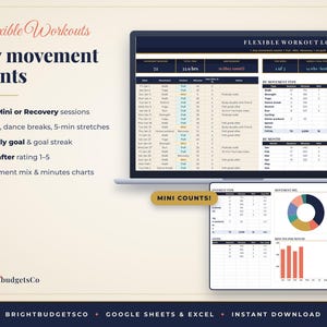 May include: A digital workout log template for Google Sheets and Excel displayed on a laptop and tablet screen. The interface features tables for tracking movement types, session duration, and feel-after ratings with colorful pie and bar charts.