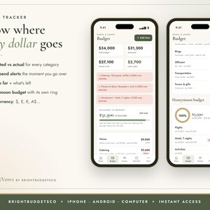 Puede incluir: Una interfaz de seguimiento de presupuesto mostrada en dos tel&eacute;fonos inteligentes. El texto dice Budget Tracker, Know where every dollar goes y BrightVows by BrightBudgetsCo. Las pantallas muestran categor&iacute;as financieras, totales y listas.