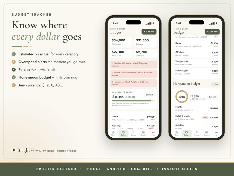 Puede incluir: Una interfaz de seguimiento de presupuesto mostrada en dos tel&eacute;fonos inteligentes. El texto dice Budget Tracker, Know where every dollar goes y BrightVows by BrightBudgetsCo. Las pantallas muestran categor&iacute;as financieras, totales y listas.