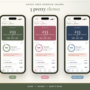 Puede incluir: Tres pantallas de smartphone que muestran una interfaz de aplicaci&oacute;n de planificaci&oacute;n de bodas con cuentas atr&aacute;s, presupuestos y listas de pagos. Los temas presentan acentos en verde salvia, rosa empolvado y azul polvoriento.