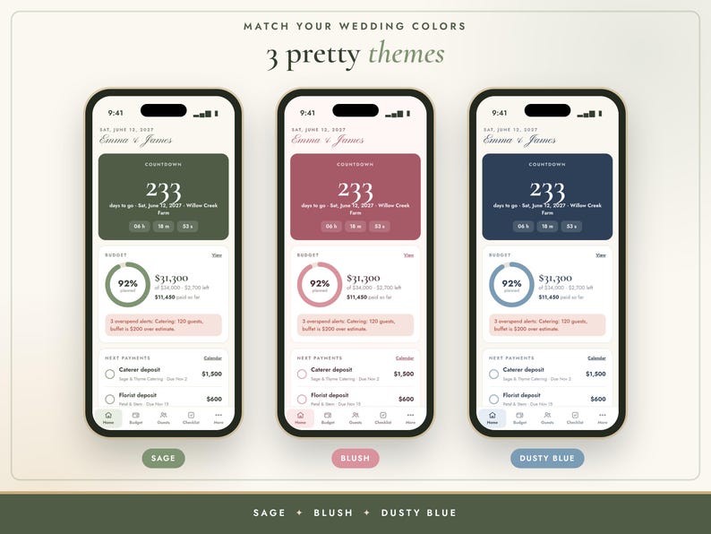 Puede incluir: Tres pantallas de smartphone que muestran una interfaz de aplicaci&oacute;n de planificaci&oacute;n de bodas con cuentas atr&aacute;s, presupuestos y listas de pagos. Los temas presentan acentos en verde salvia, rosa empolvado y azul polvoriento.