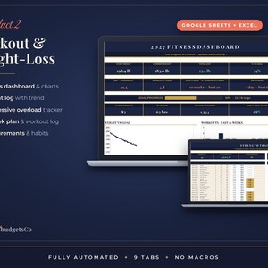 May include: A digital fitness and weight-loss dashboard for Google Sheets and Excel. The interface displays a 2027 fitness dashboard with weight metrics in pounds, workout logs, and a strength tracker. The layout features dark blue backgrounds with gold accents and white text.