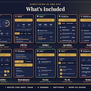 May include: A digital dashboard interface titled Everything in One App: What's Included, featuring ten dark-themed mobile app screens. The screens display organized categories like Home, Gift list, Budget, Spending log, Shopping & deals, Card list, Meal planner, Events, To-do, and Receipts & returns with yellow and white text.