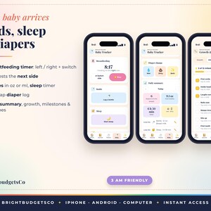 May include: Three smartphones displaying a baby tracking application with interfaces for breastfeeding, diaper changes, and growth milestones. The text includes 'When baby arrives', 'Feeds, sleep & diapers', and '3 AM FRIENDLY' on a light gradient background.