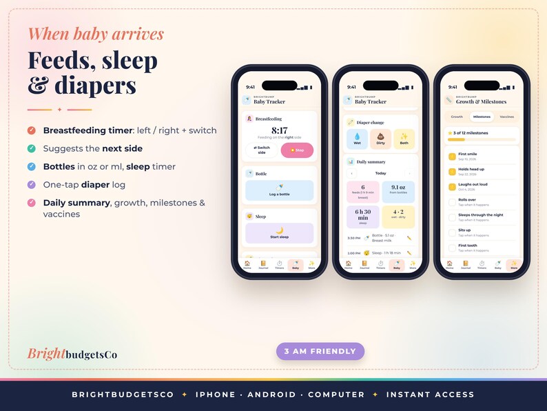 May include: Three smartphones displaying a baby tracking application with interfaces for breastfeeding, diaper changes, and growth milestones. The text includes 'When baby arrives', 'Feeds, sleep & diapers', and '3 AM FRIENDLY' on a light gradient background.