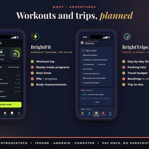 May include: Two smartphone screens displaying the BrightFit workout tracker and BrightTrips travel planner apps. The dark-themed interfaces show workout logs, exercise lists, daily itineraries, and packing lists with text labels like Body + Adventures.