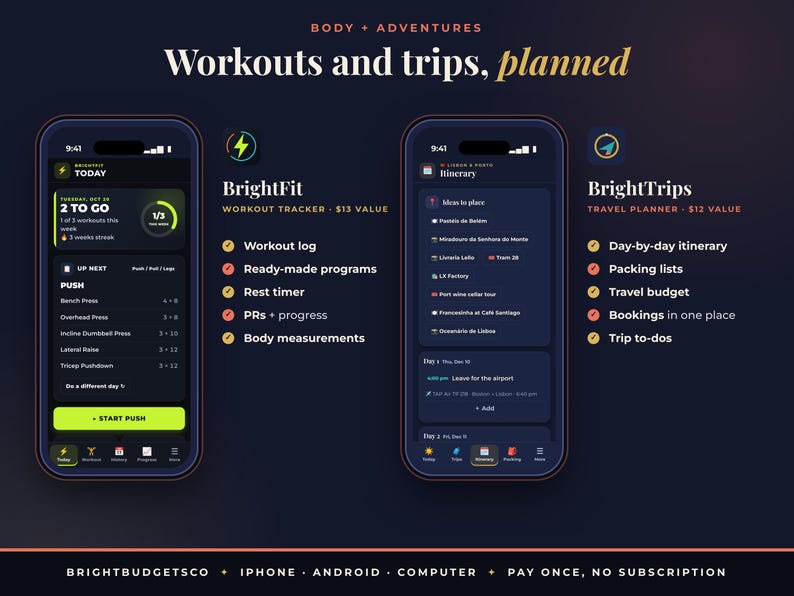 May include: Two smartphone screens displaying the BrightFit workout tracker and BrightTrips travel planner apps. The dark-themed interfaces show workout logs, exercise lists, daily itineraries, and packing lists with text labels like Body + Adventures.